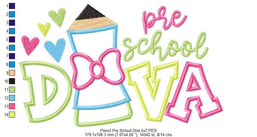 Pencil Pre School Diva - Applique - Machine Embroidery Design