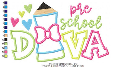 Pencil Pre School Diva - Applique - Machine Embroidery Design