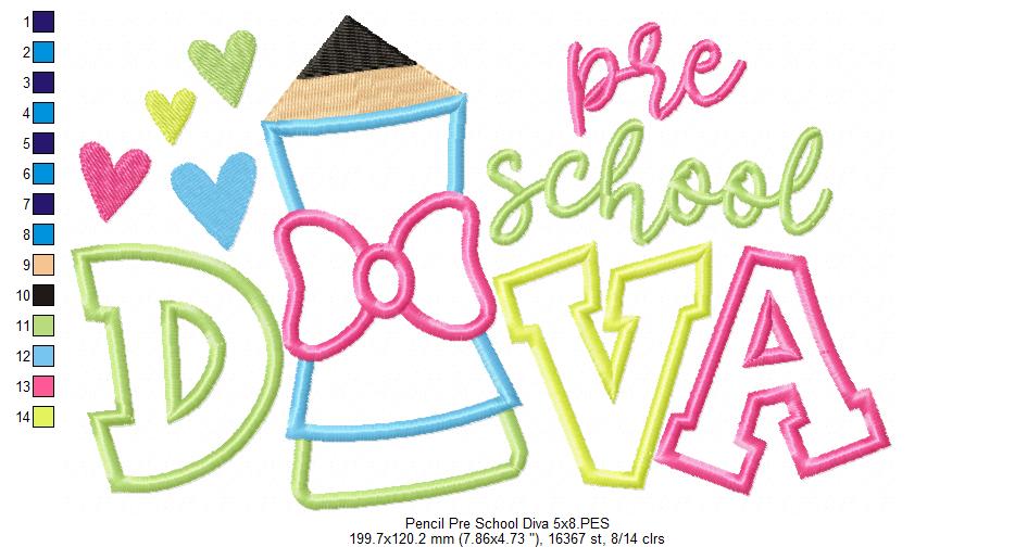 Pencil Pre School Diva - Applique - Machine Embroidery Design