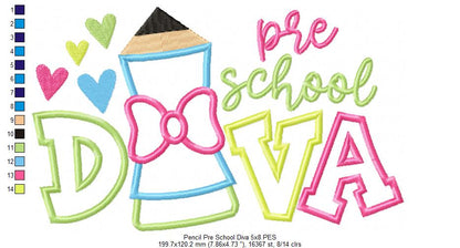 Pencil Pre School Diva - Applique - Machine Embroidery Design