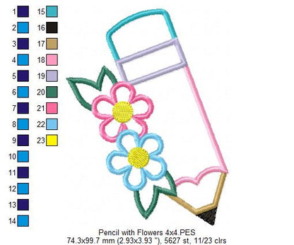 Pencil with Flowers - Applique