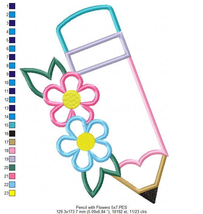 Pencil with Flowers - Applique
