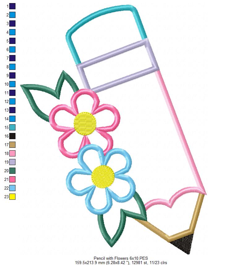 Pencil with Flowers - Applique