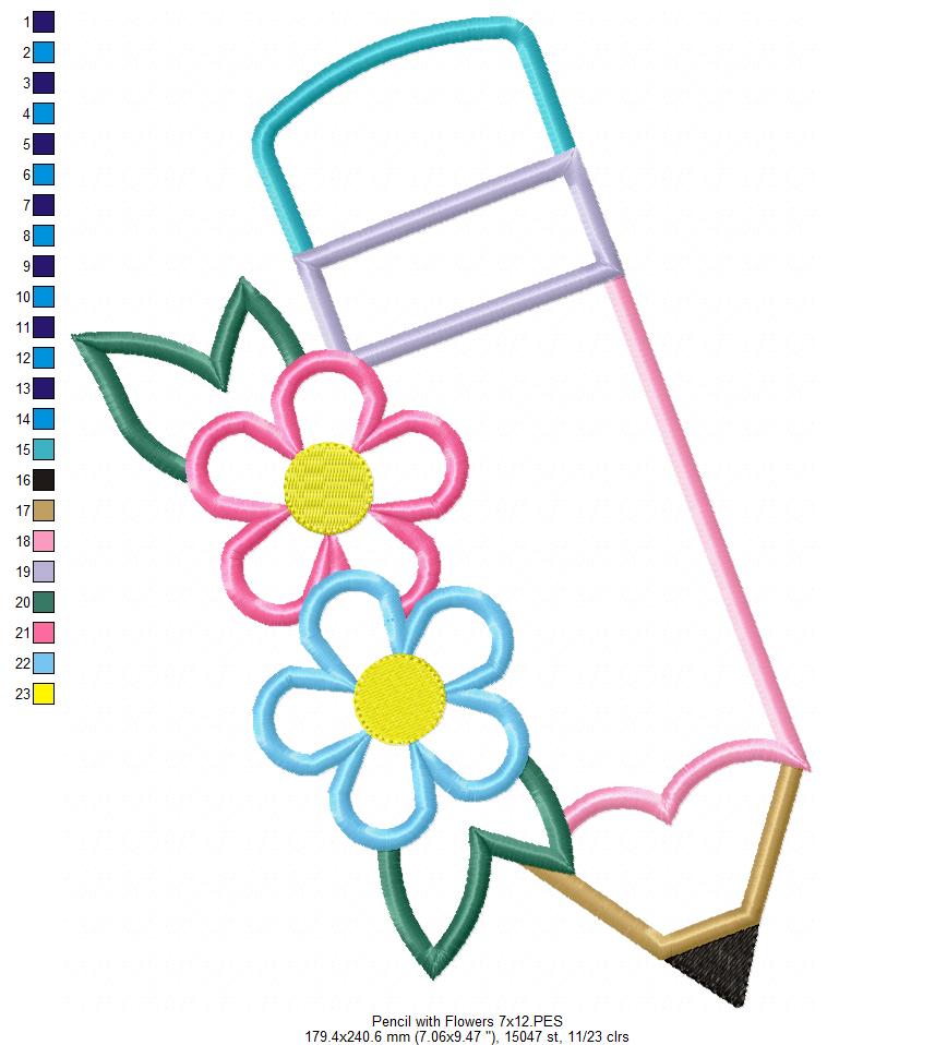 Pencil with Flowers - Applique