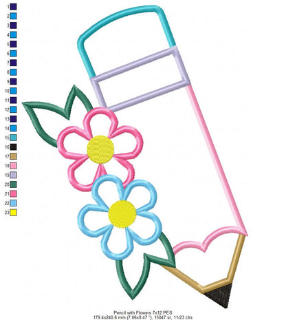 Pencil with Flowers - Applique