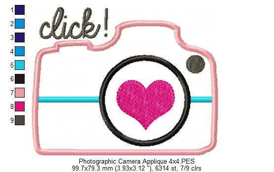Click Camera with Heart – Appliqué – Machine Embroidery Design