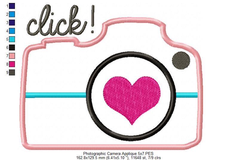 Click Camera with Heart – Appliqué – Machine Embroidery Design