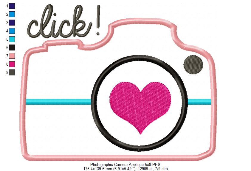 Click Camera with Heart – Appliqué – Machine Embroidery Design