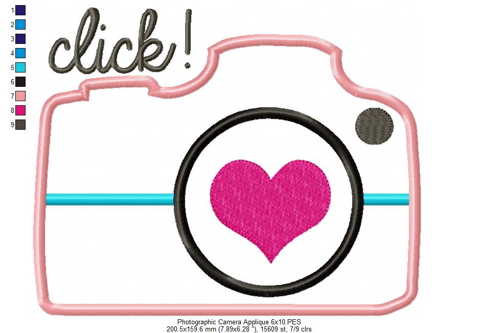 Click Camera with Heart – Appliqué – Machine Embroidery Design