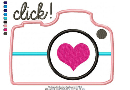Click Camera with Heart – Appliqué – Machine Embroidery Design
