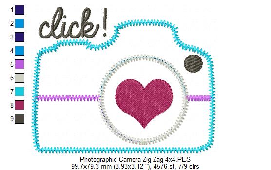 Click Camera with Heart – Zig Zag Appliqué – Machine Embroidery Design