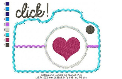 Click Camera with Heart – Zig Zag Appliqué – Machine Embroidery Design