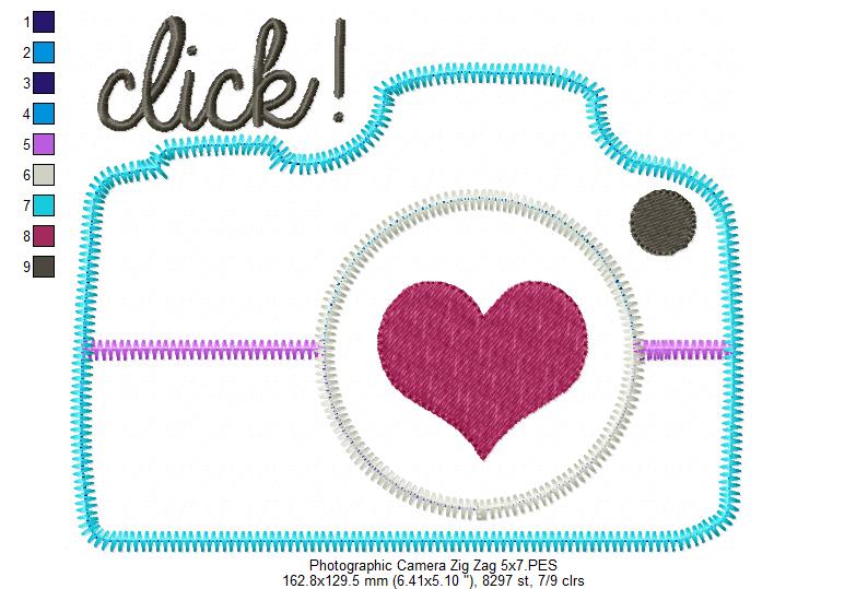 Click Camera with Heart – Zig Zag Appliqué – Machine Embroidery Design