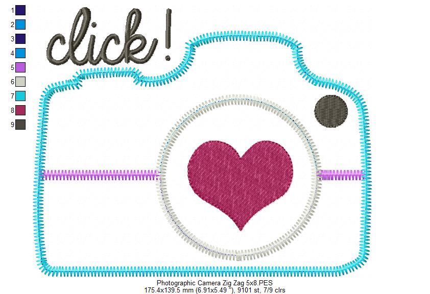 Click Camera with Heart – Zig Zag Appliqué – Machine Embroidery Design