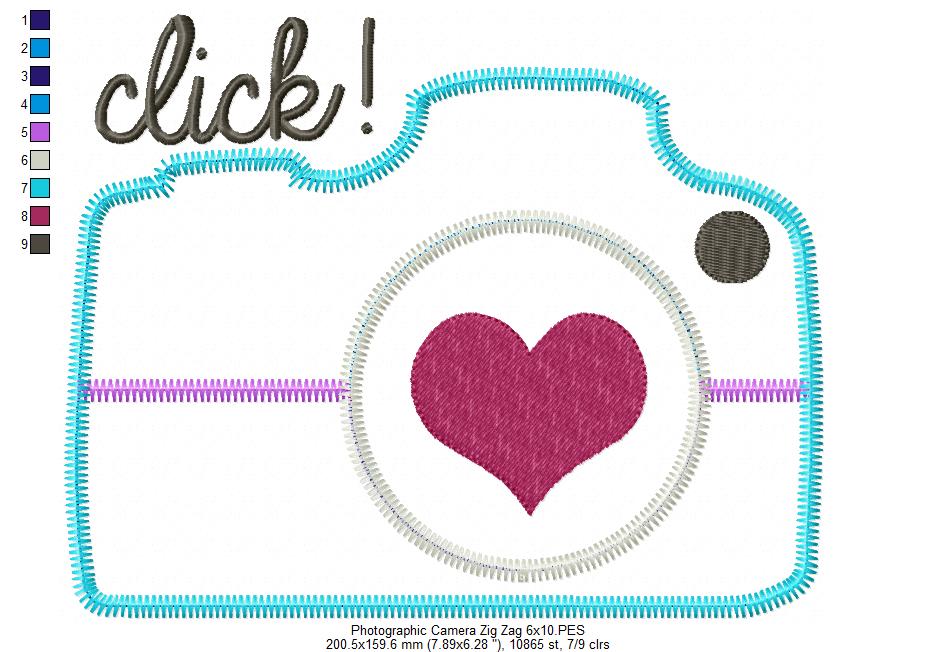 Click Camera with Heart – Zig Zag Appliqué – Machine Embroidery Design