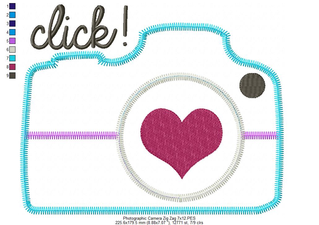 Click Camera with Heart – Zig Zag Appliqué – Machine Embroidery Design