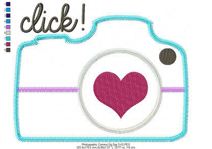 Click Camera with Heart – Zig Zag Appliqué – Machine Embroidery Design