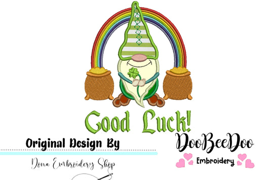 Good Luck Gnome  - Applique - Machine Embroidery Design