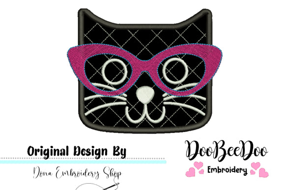 Cute Cat with Glasses - Applique - Machine Embroidery Design