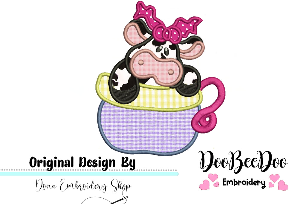 Cute Tea Cow  - Applique - Machine Embroidery Design