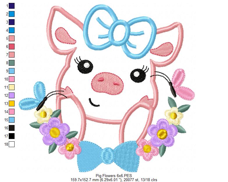 Piglet Flowers - Applique Embroidery