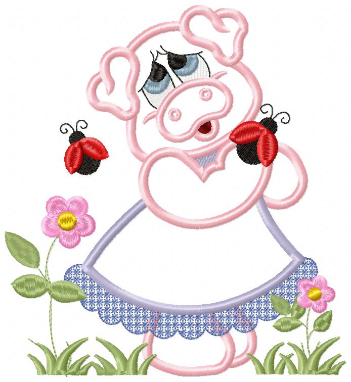 Pig Girl and Ladybugs - Applique Embroidery