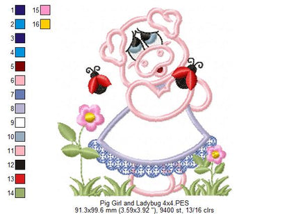 Pig Girl and Ladybugs - Applique Embroidery
