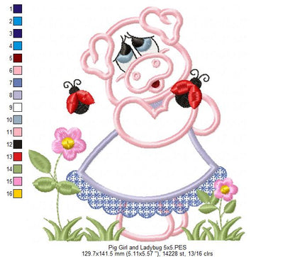 Pig Girl and Ladybugs - Applique Embroidery