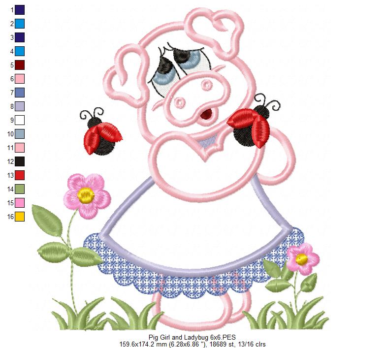 Pig Girl and Ladybugs - Applique Embroidery