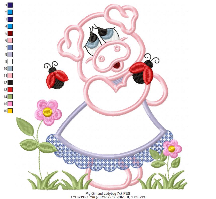 Pig Girl and Ladybugs - Applique Embroidery