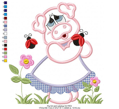 Pig Girl and Ladybugs - Applique Embroidery