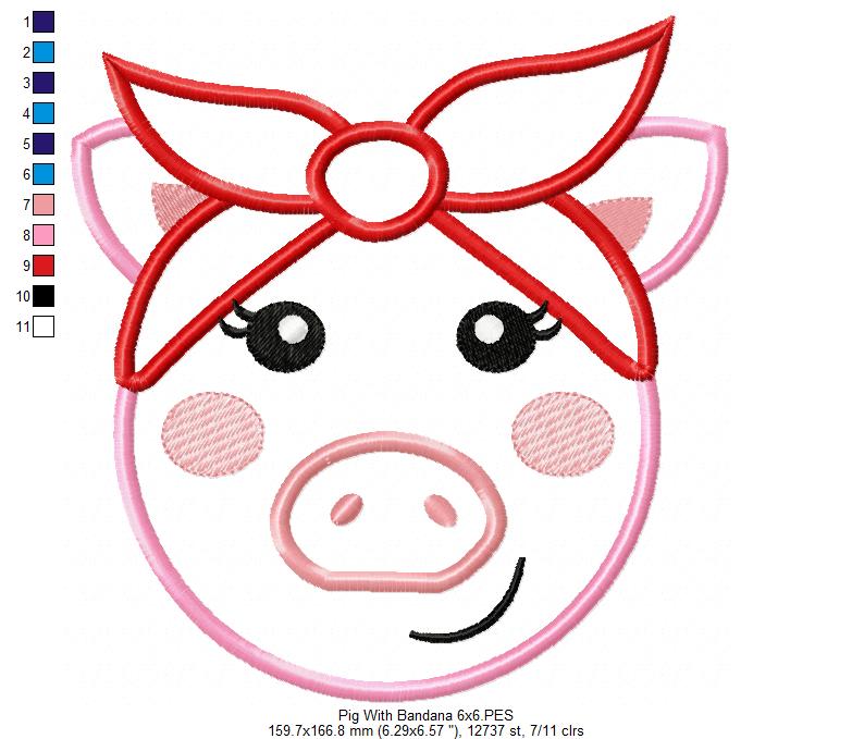 Cute Pig with Bandana - Applique
