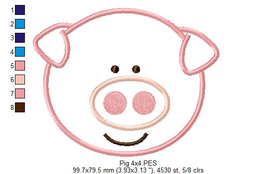 Sweet Smiling Pig Face - Appliqué – Machine Embroidery Design