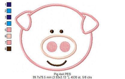 Sweet Smiling Pig Face - Appliqué – Machine Embroidery Design