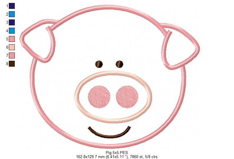 Sweet Smiling Pig Face - Appliqué – Machine Embroidery Design