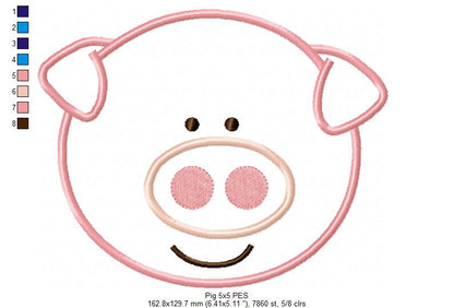 Sweet Smiling Pig Face - Appliqué – Machine Embroidery Design