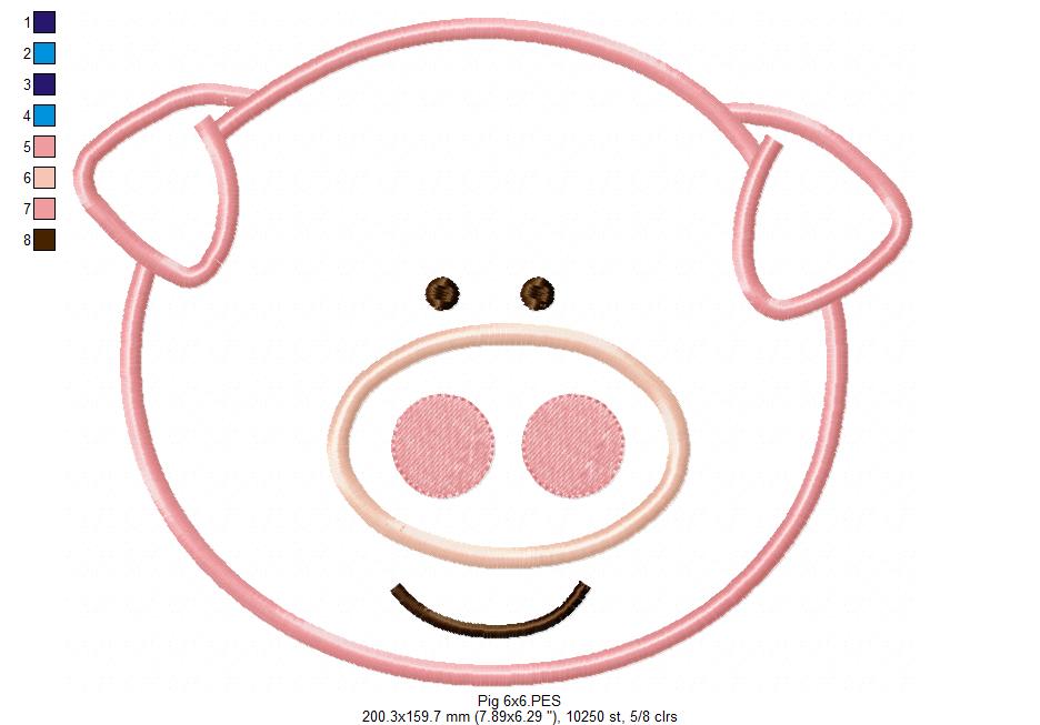 Sweet Smiling Pig Face - Appliqué – Machine Embroidery Design