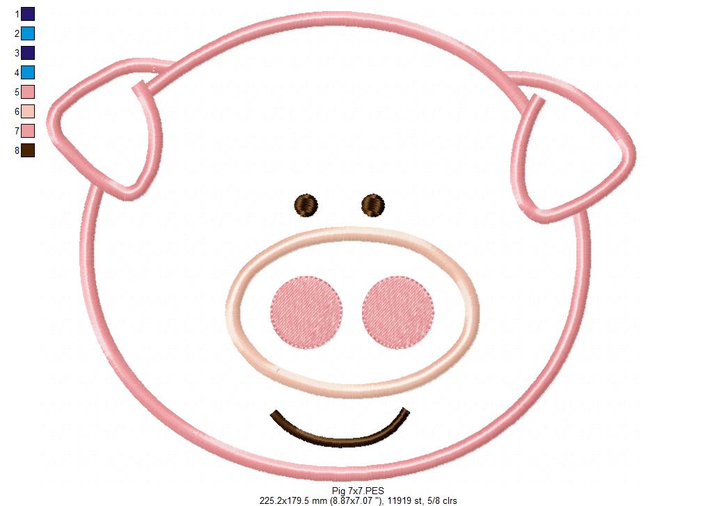 Sweet Smiling Pig Face - Appliqué – Machine Embroidery Design