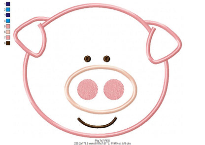Sweet Smiling Pig Face - Appliqué – Machine Embroidery Design