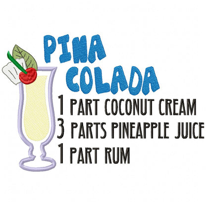 Pina Colada Recipe - Applique - Machine Embroidery Design
