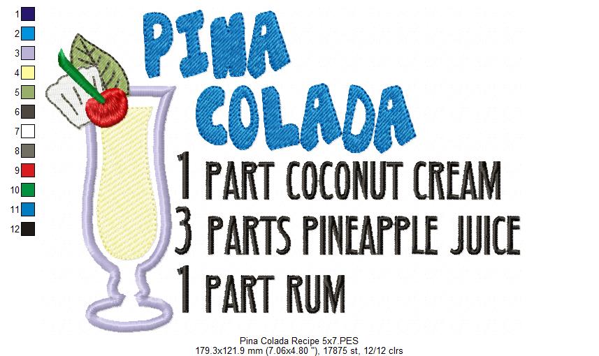 Pina Colada Recipe - Applique - Machine Embroidery Design