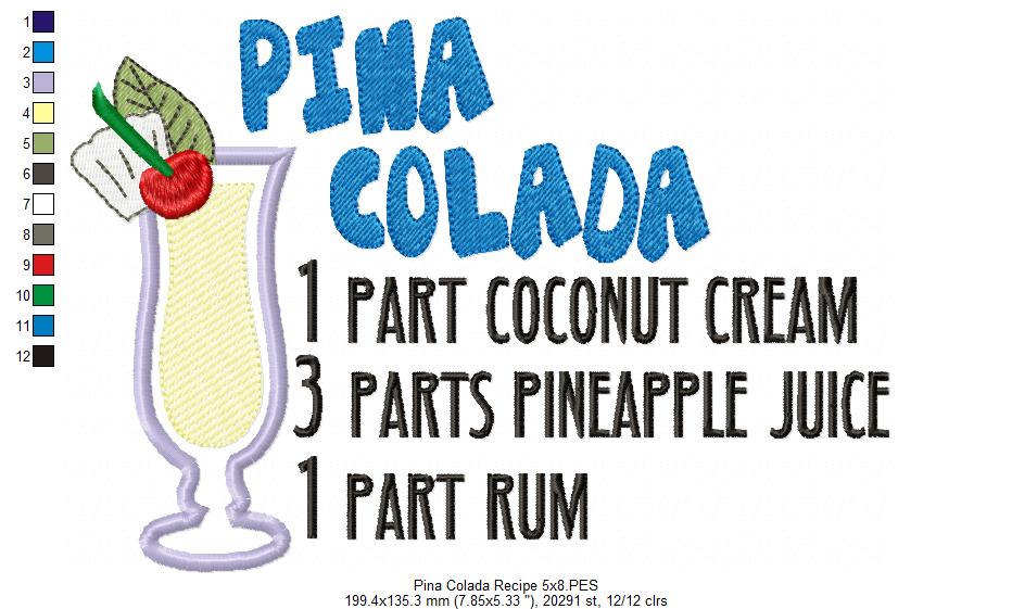 Pina Colada Recipe - Applique - Machine Embroidery Design