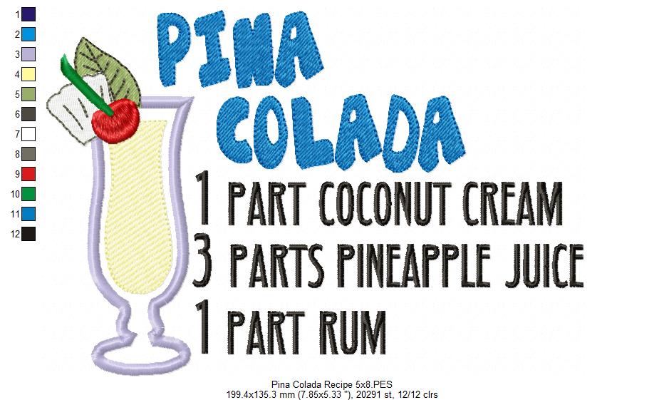 Pina Colada Recipe - Applique - Machine Embroidery Design