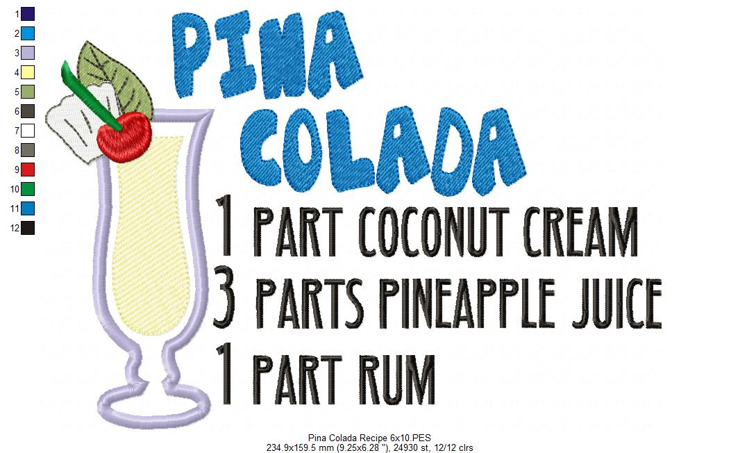 Pina Colada Recipe - Applique - Machine Embroidery Design