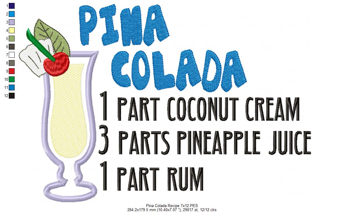 Pina Colada Recipe - Applique - Machine Embroidery Design