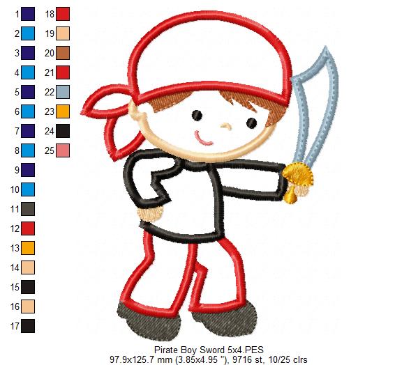 Cute Pirate Boy and Sword - Applique