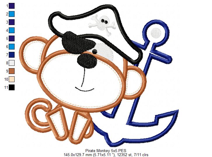 Pirate Monkey - Applique - Machine Embroidery Design
