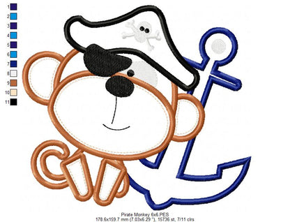 Pirate Monkey - Applique - Machine Embroidery Design