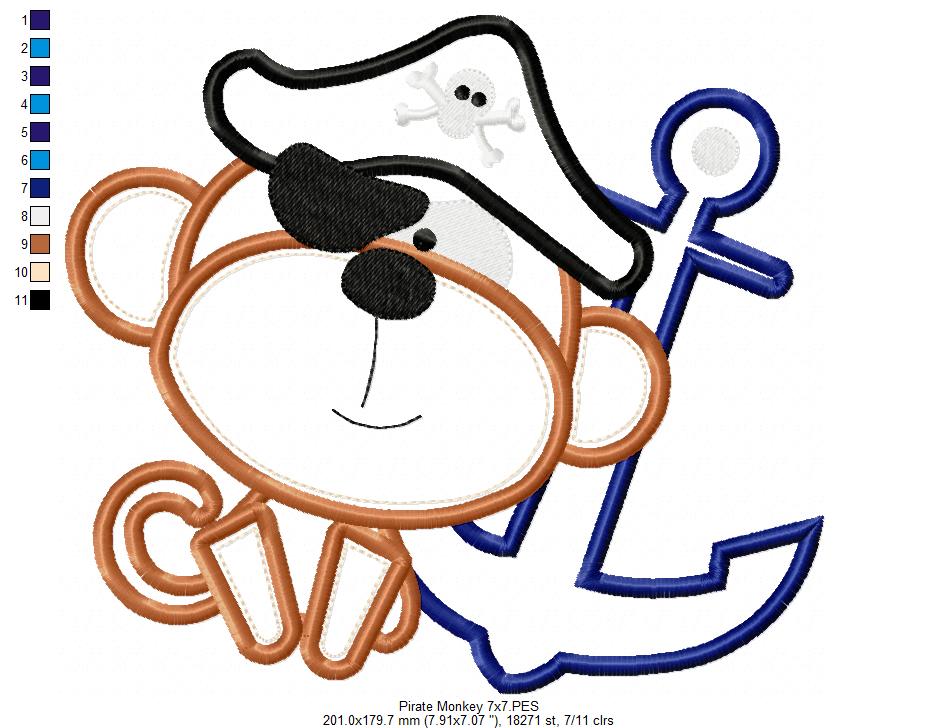Pirate Monkey - Applique - Machine Embroidery Design