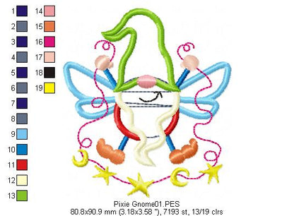 Pixie Gnome  - Applique - Machine Embroidery Design